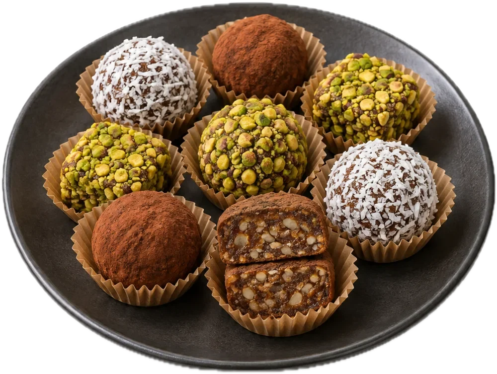 Dadelbonbons gerold in cacao, kokos en pistache