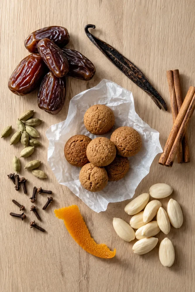 Dadels, vanille, kaneel, kardemom, kruidnagels, sinaasappelschil en amandelen rond een paar kruidnoten