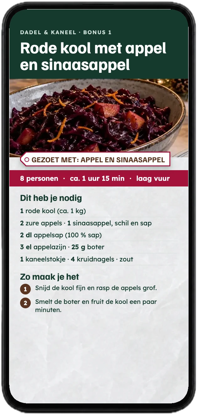 Het recept voor rode kool met appel en sinaasappel uit de bonus, op een telefoon