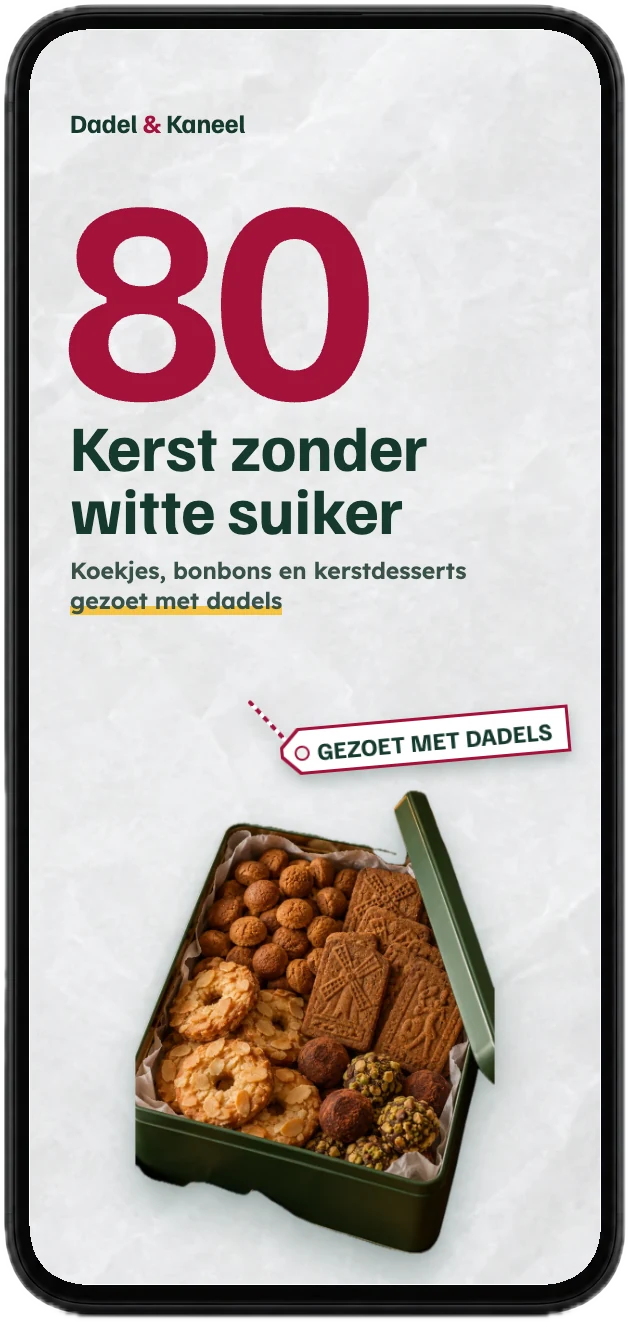 De voorkant van Kerst zonder witte suiker – koekjes, bonbons en kerstdesserts gezoet met dadels, met 80 recepten, op een telefoon