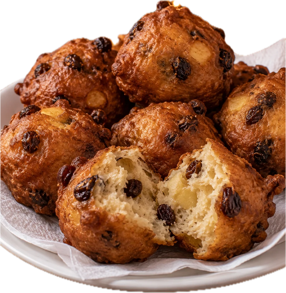 Oliebollen met rozijnen en stukjes appel, één opengebroken