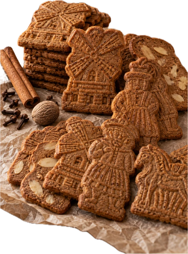 Speculaasjes met molen- en poppenreliëf, een paar met amandel, naast kaneel en nootmuskaat
