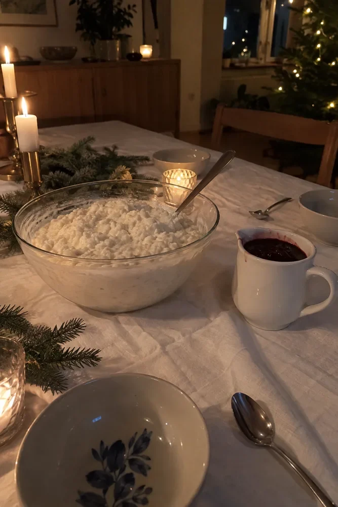 Rijstdessert en kersensaus op de kersttafel