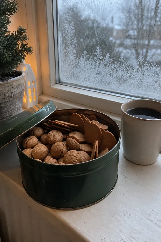 Open koektrommel met koekjes in de vensterbank op een grijze decemberdag
